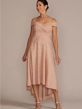 OLEG CASSINI Off the Shoulder High Low Metallic Dress